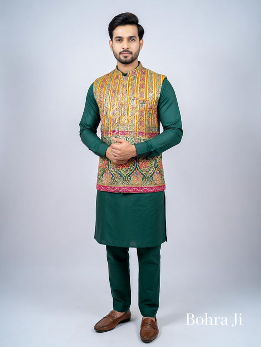Emerald Green Brocade Nehru Jacket