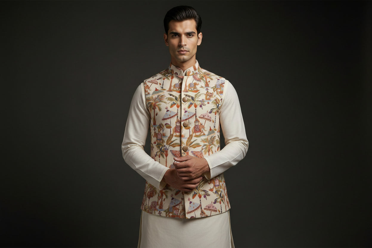 Royal Heritage Elephant Print Nehru jacket Set