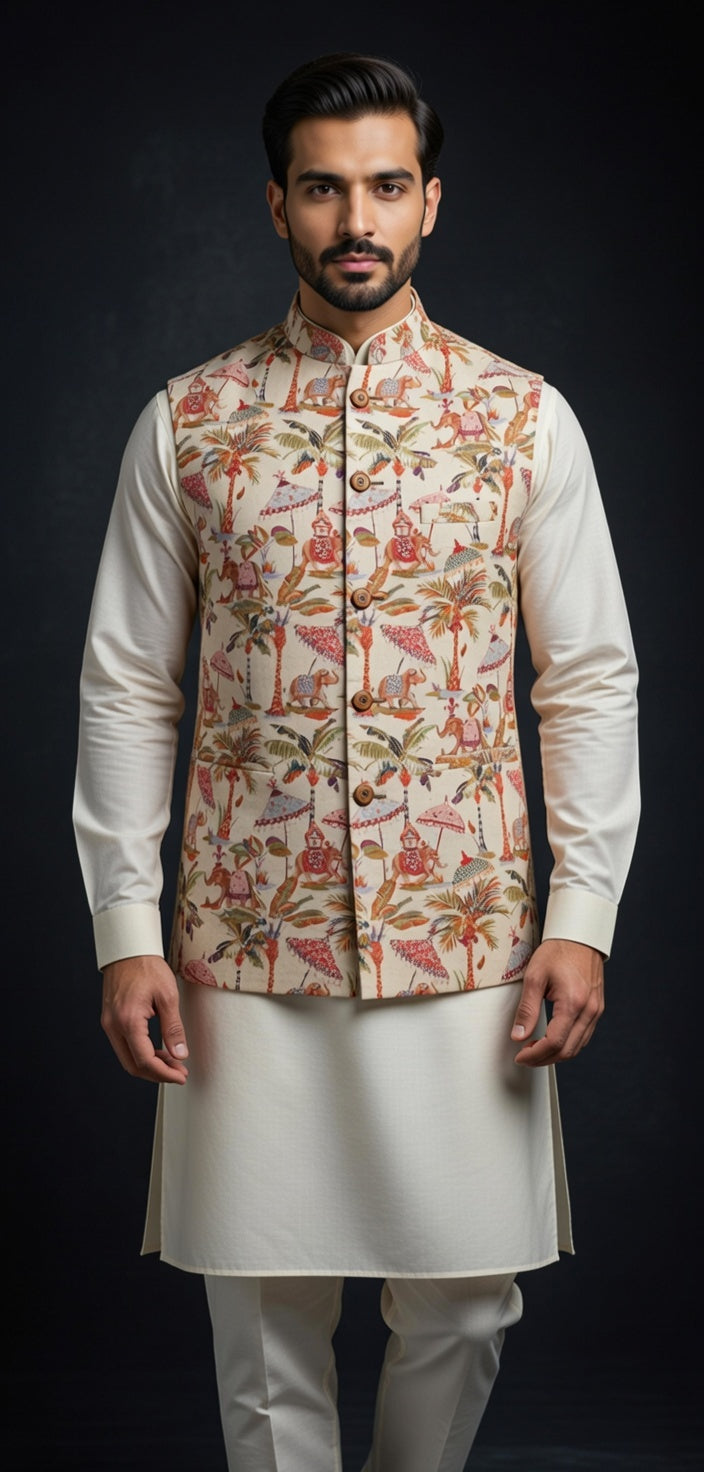 Royal Heritage Elephant Print Nehru jacket Set