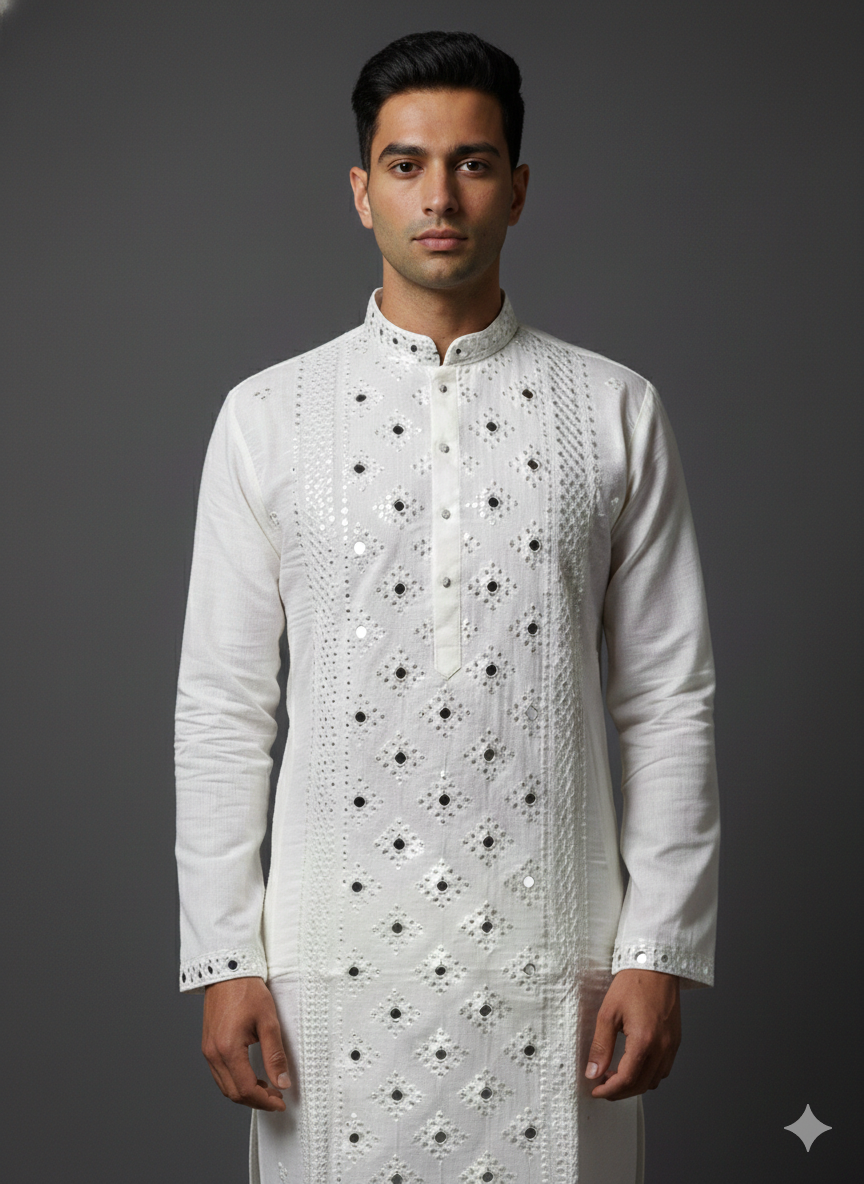 Designer Handwork Mirror Off White Kurta Set