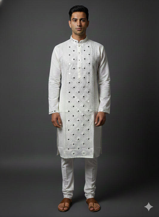 Man wearing a white embroidered kurta with black patterns on a gray background