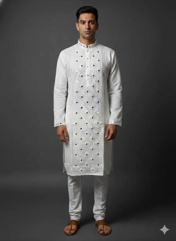 Designer Handwork Mirror Off White Kurta Set