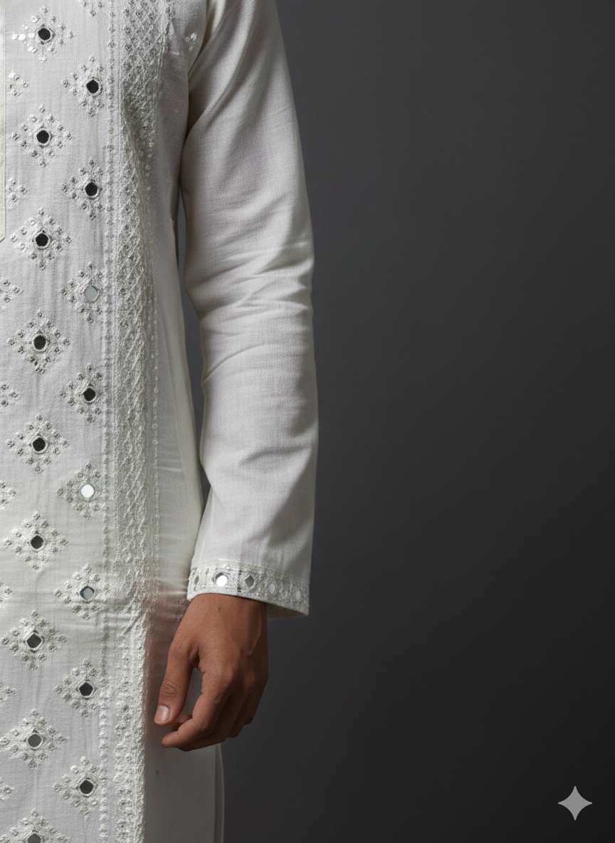 Designer Handwork Mirror Off White Kurta Set