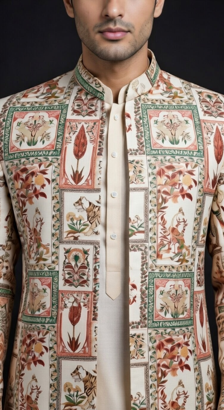 Traditional embroidered open indo jacket with intricate patterns on a dark background