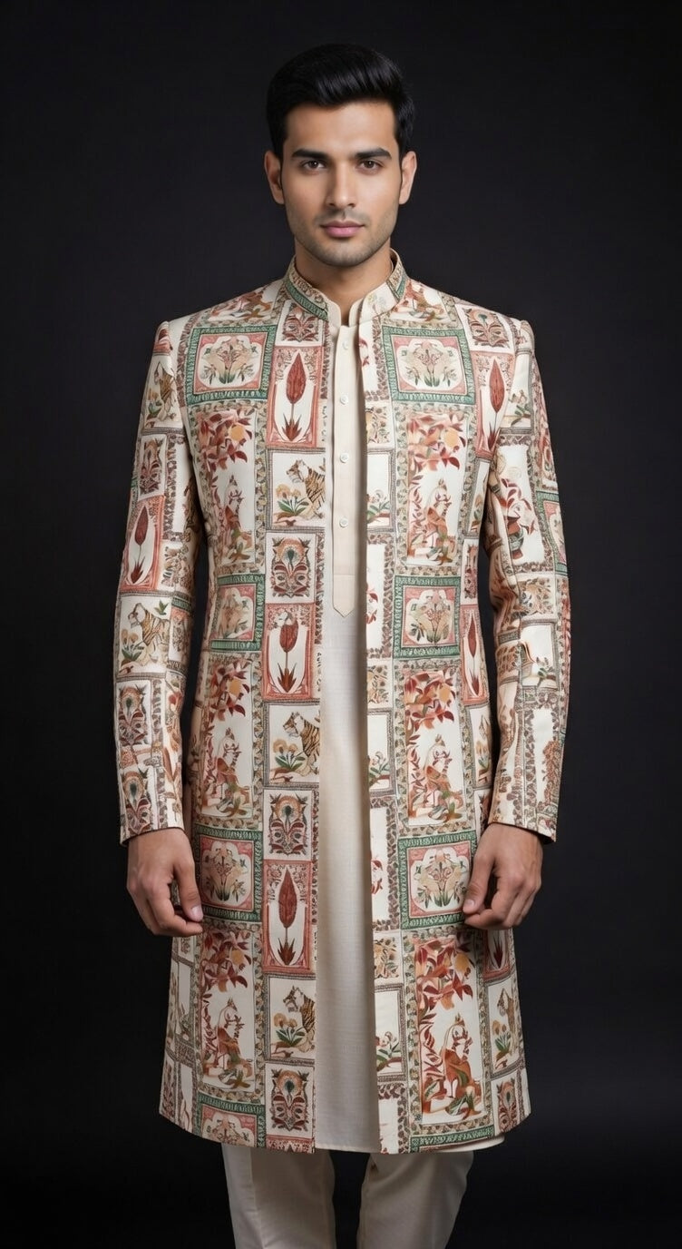 Man wearing a patterned traditional coat on a black background, open indo western jacket, indian ethnic clothing