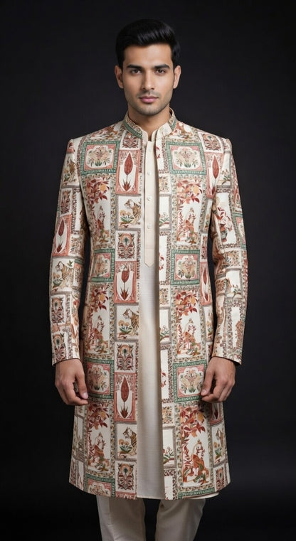 Man wearing a patterned traditional coat on a black background, open indo western jacket, indian ethnic clothing
