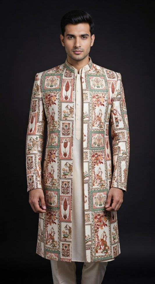 Man wearing a patterned traditional coat on a black background, open indo western jacket, indian ethnic clothing