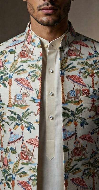 Men's ivory open Indo-Western jacket featuring a royal elephant and tropical palm tree print, layered over a matching inner kurta and trousers by Bohra Ji.
