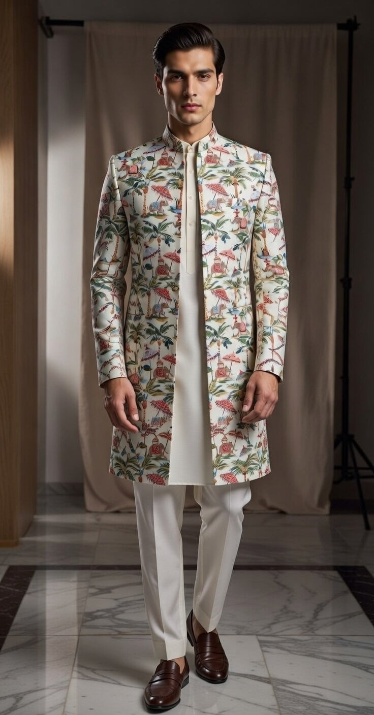 Men's ivory open Indo-Western jacket featuring a royal elephant and tropical palm tree print, layered over a matching inner kurta and trousers by Bohra Ji.