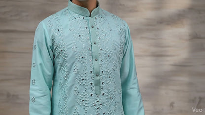 Designer Teal Mirrorwork Kurta/Pant Set