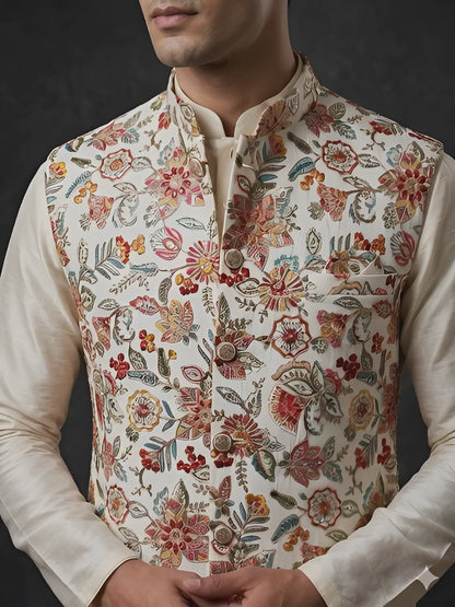 Ivory Floral Embroidery Koti with Zari
