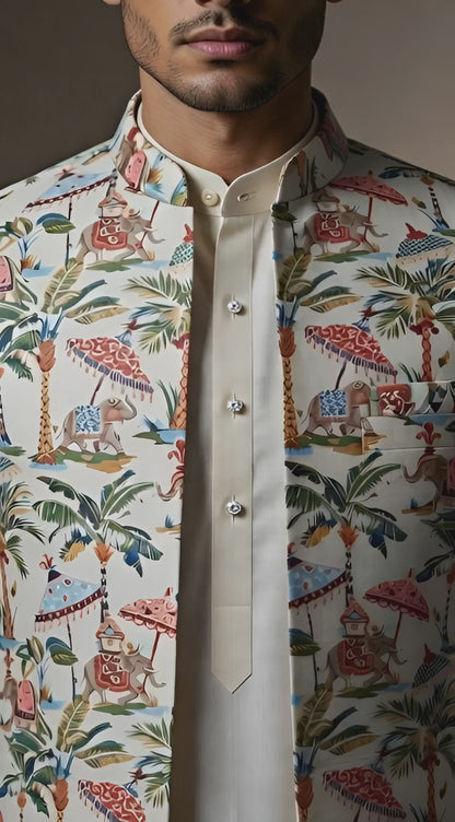 Men's ivory open Indo-Western jacket featuring a royal elephant and tropical palm tree print, layered over a matching inner kurta and trousers by Bohra Ji.