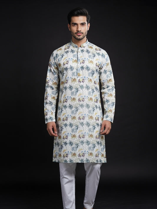 Man wearing a floral kurta with white pants on a black background