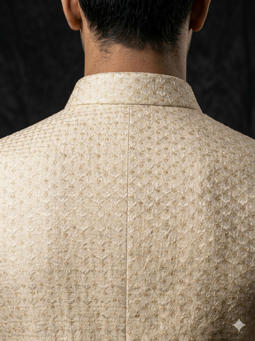 Close-up of a beige textured jacket on a dark background