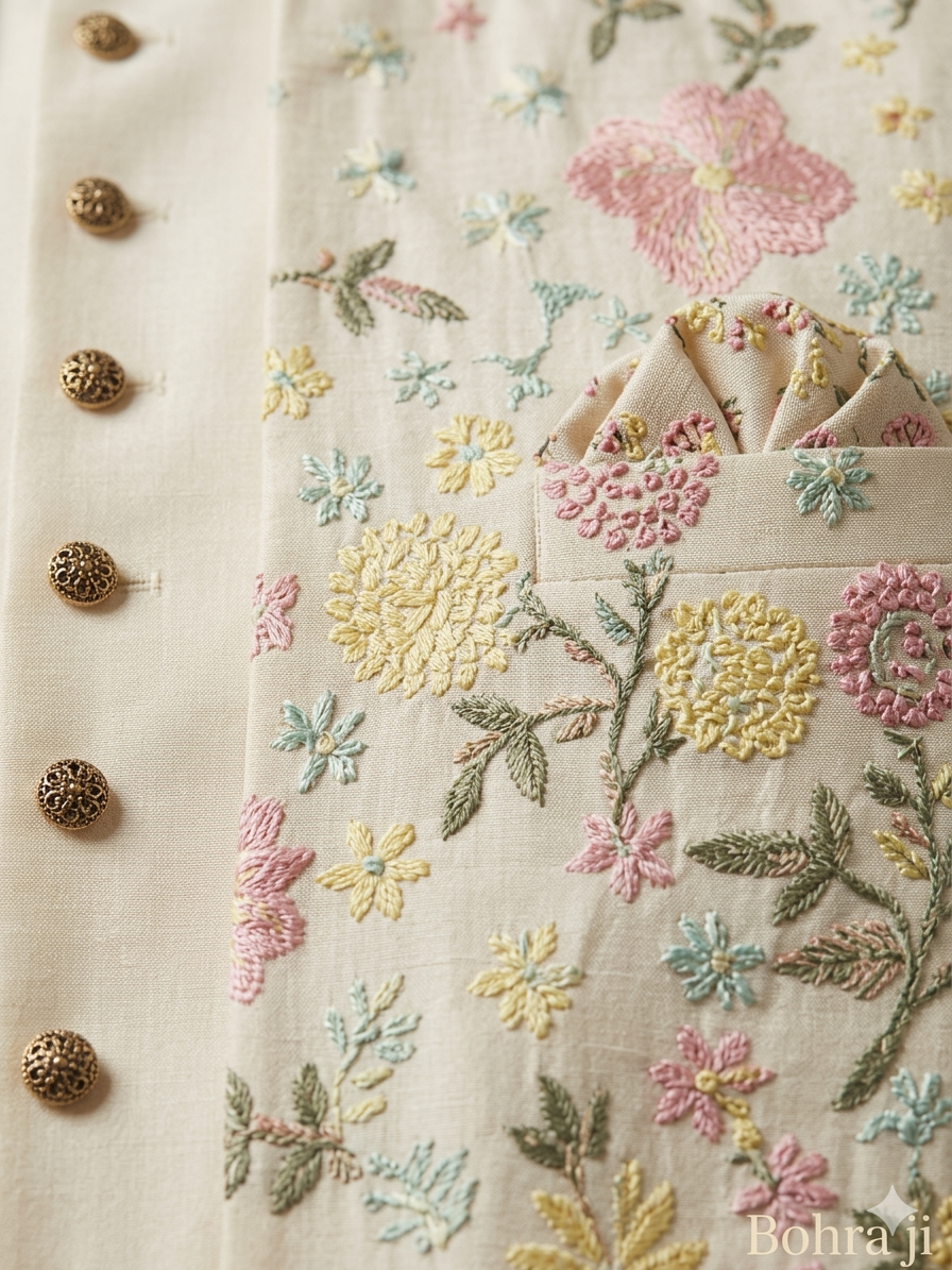 Embroidered floral patterns on a fabric with decorative buttons.