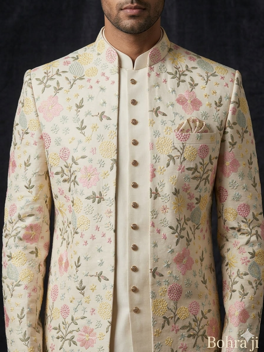 Floral embroidered traditional jacket worn by a person against a dark background, indian weddings, open indo jacket.