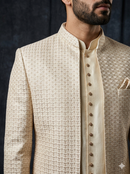 Regal Champagne Gold Texture Open Indo-Western Set