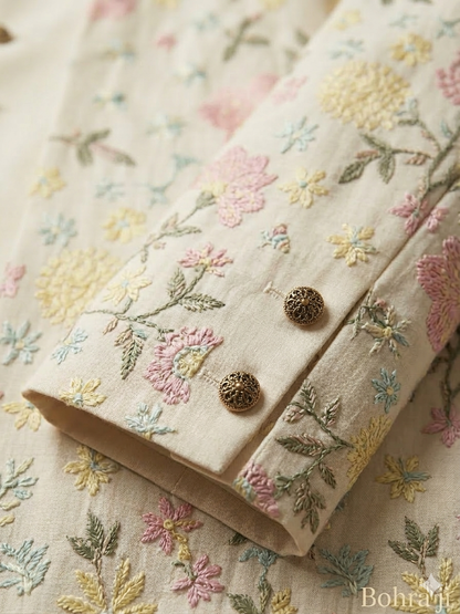 Close-up of embroidered fabric with floral patterns and gold buttons on a beige background.