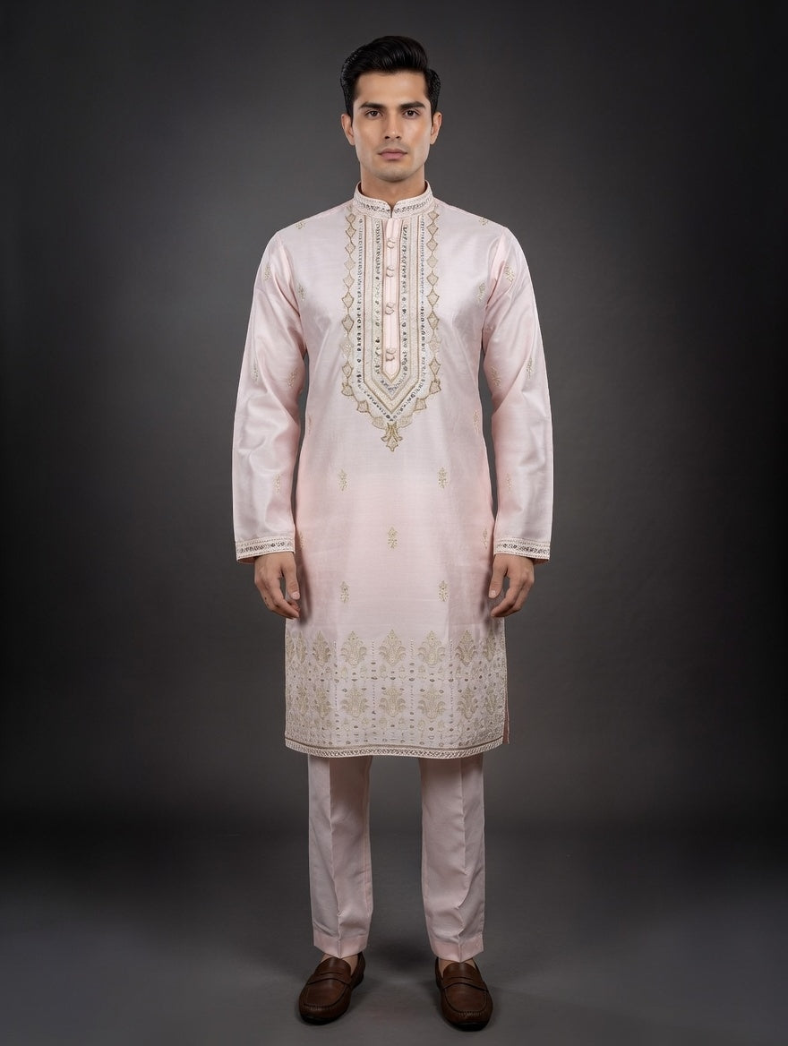 Man wearing a light pink embroidered kurta with pants on a dark background