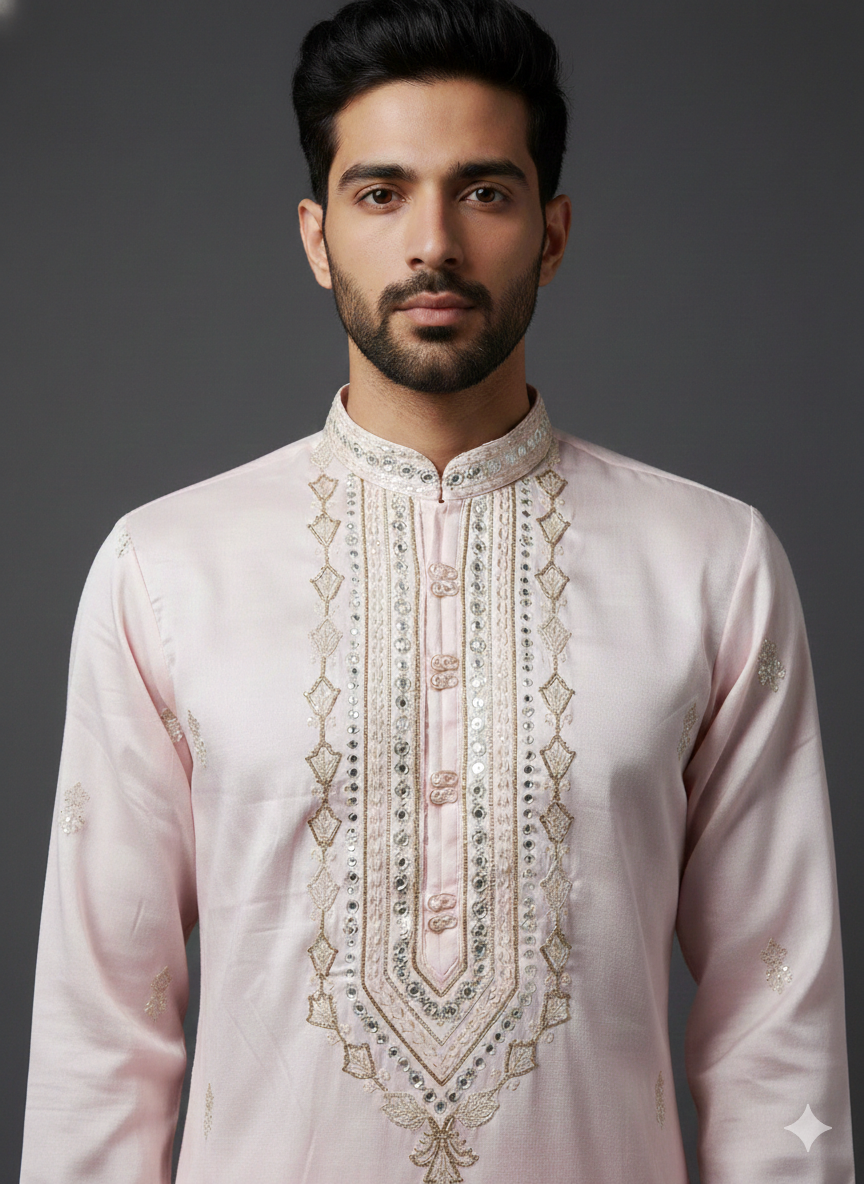 Man wearing a light pink embroidered kurta against a gray background
