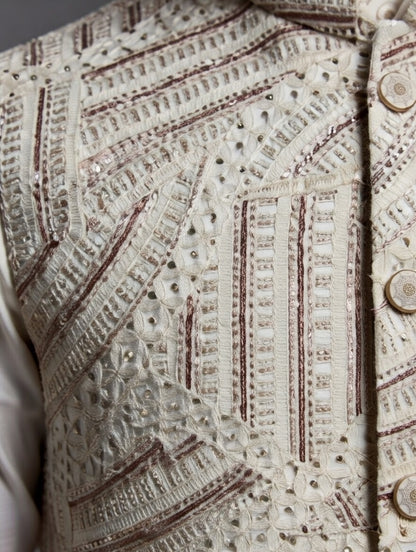 Designer Wine Sequins Nehru Jacket Set