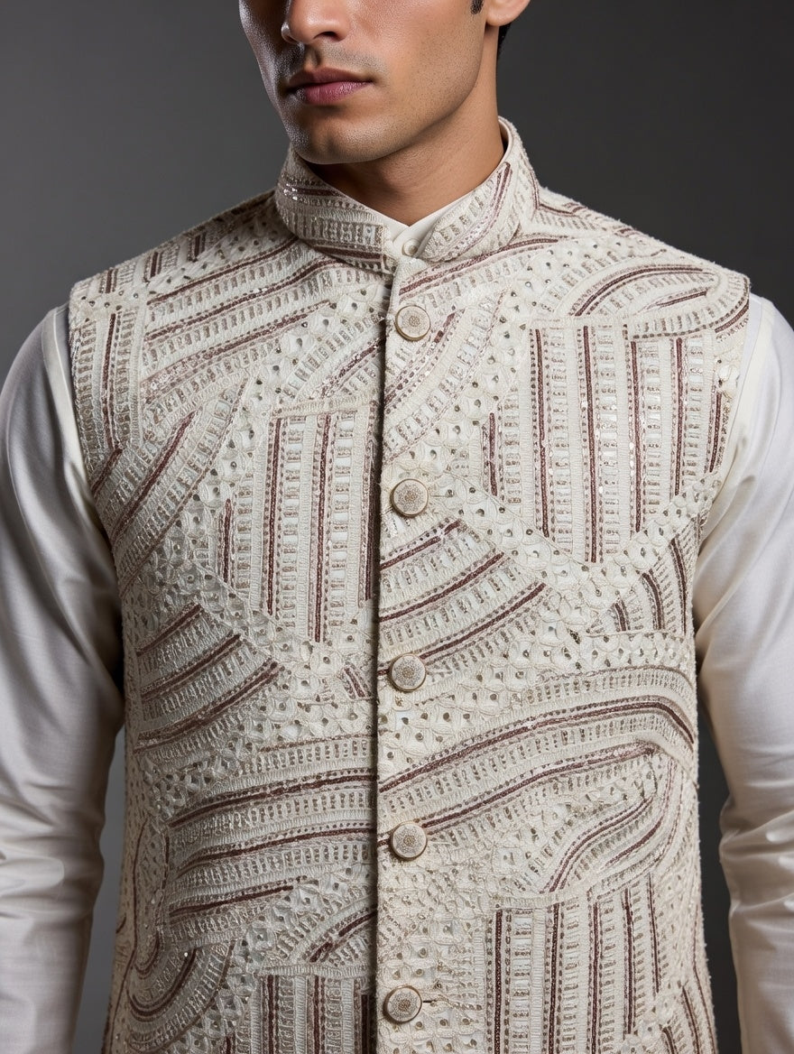 Designer Wine Sequins Nehru Jacket Set