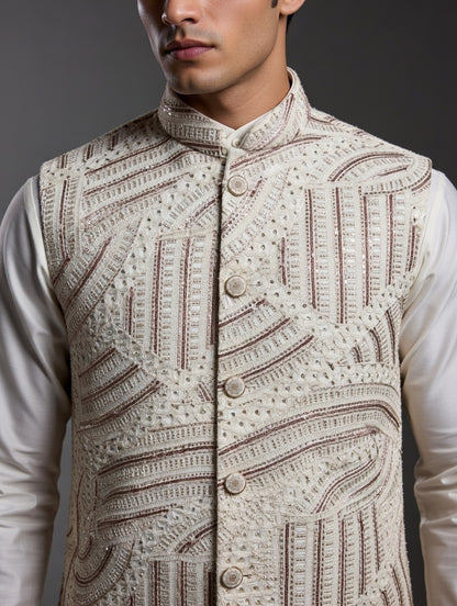 Designer Wine Sequins Nehru Jacket Set