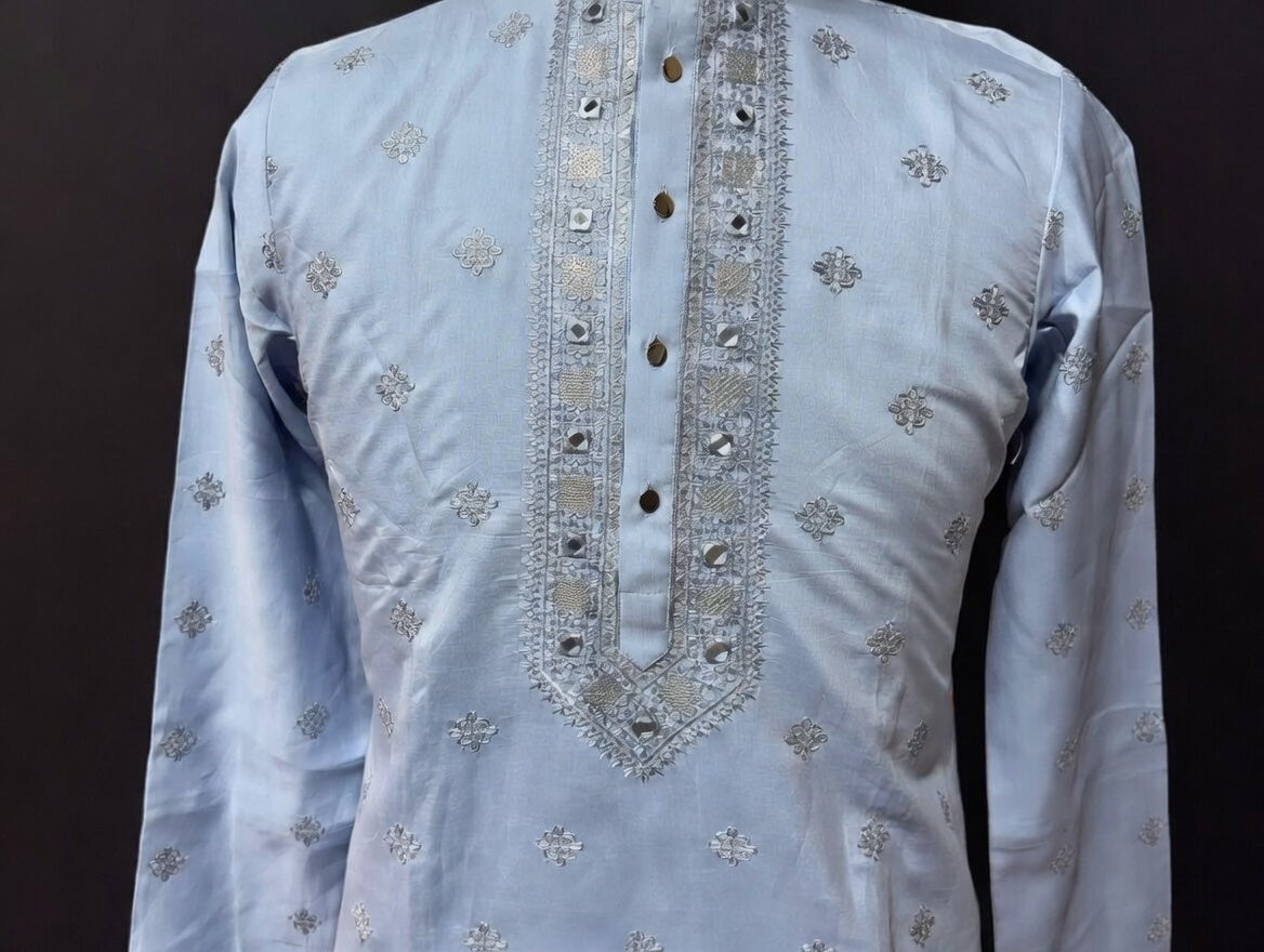 Sky Blue Designer Kurta Set with Mirror Work Embroidery