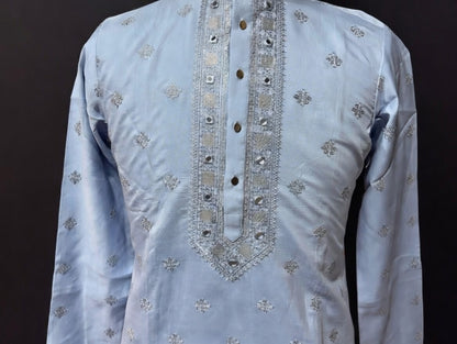 Sky Blue Designer Kurta Set with Mirror Work Embroidery