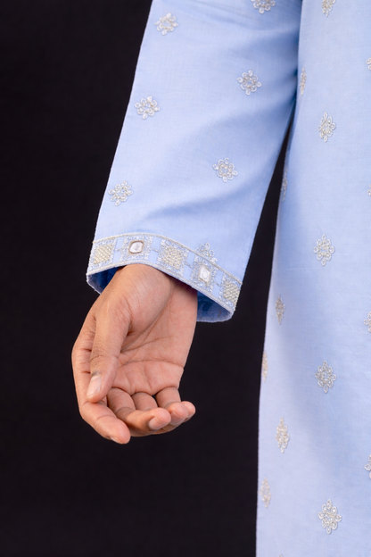 Sky Blue Designer Kurta Set with Mirror Work Embroidery