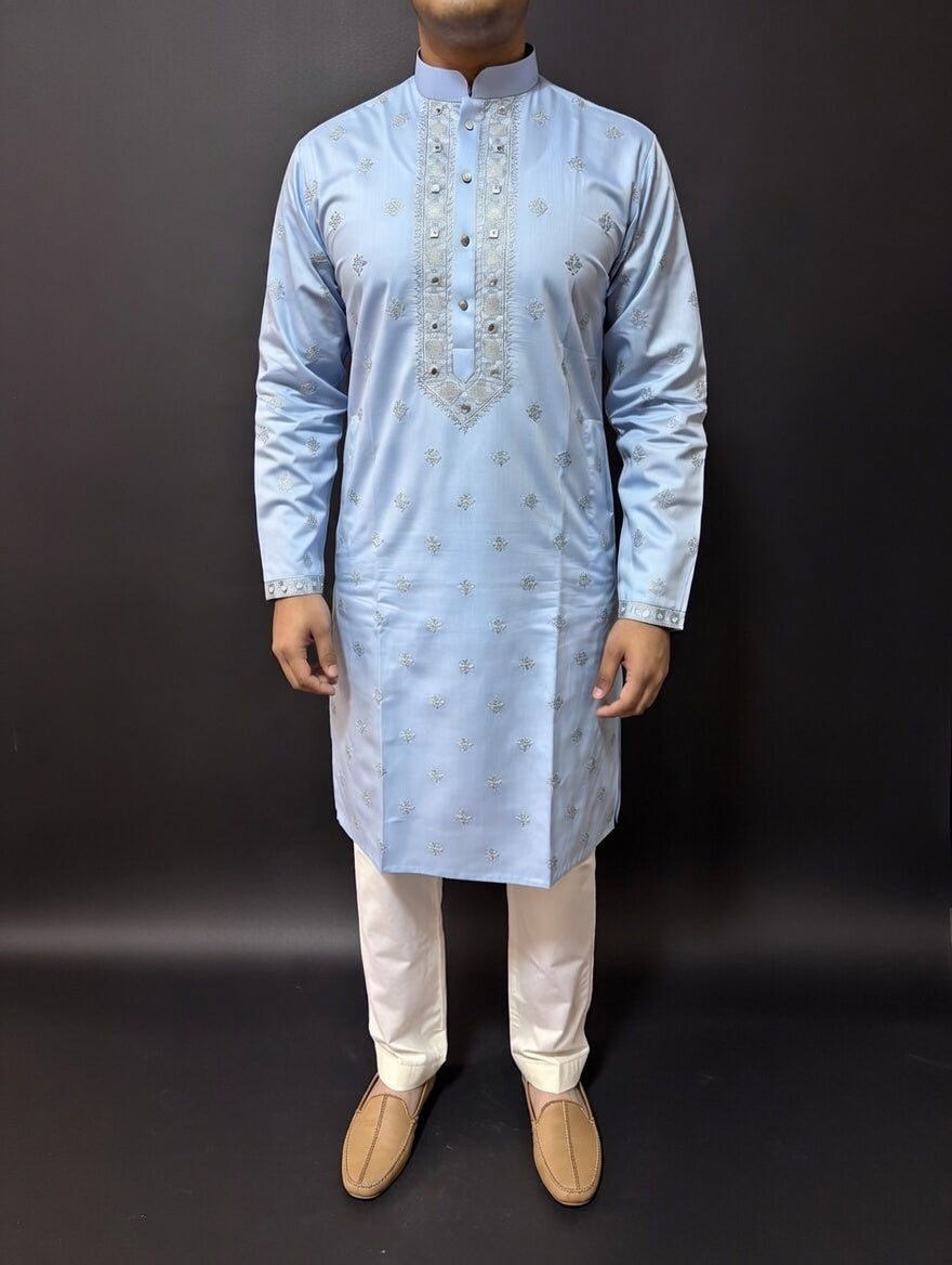 Sky Blue Designer Kurta Set with Mirror Work Embroidery