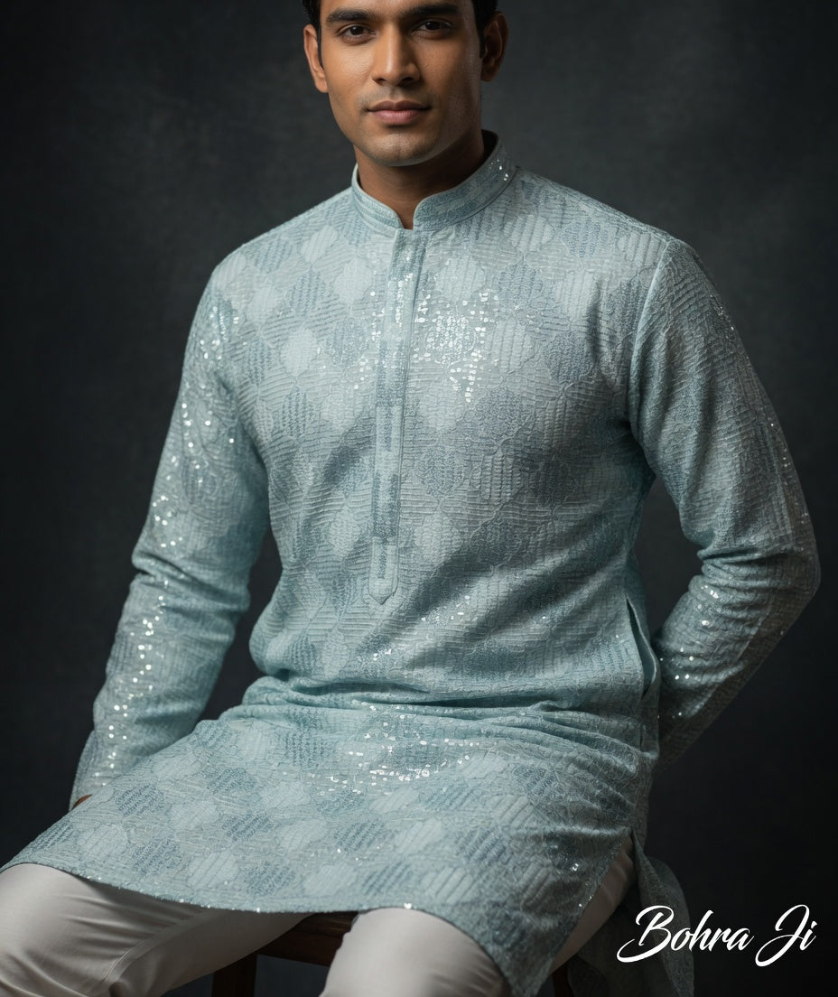 Checker Design Sequin Teal Blue Kurta/ Set