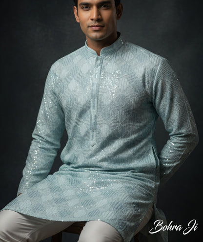 Checker Design Sequin Teal Blue Kurta/ Set