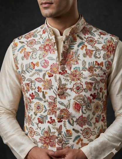 Ivory Floral Embroidery Koti with Zari