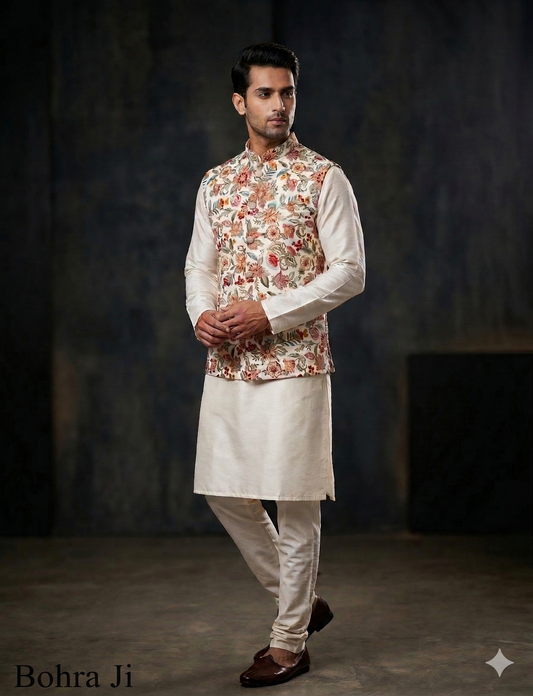 Ivory Floral Embroidery Koti with Zari